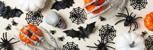 Halloween Greeting Card With Bats, Spiderweb, Spider, Skull And Pumpkins