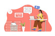 Leinwandbild Motiv Media space concept. Woman chatting with friends on social networks situation. Online communication, cyberspace people scene. Illustration with flat character design for website and mobile site