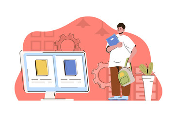 Fototapete - Online education concept. Student studies at university using computer situation. Remote learning at home people scene. Illustration with flat character design for website and mobile site