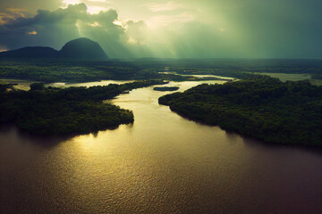 amazonas rainforest, tropical river landscape, fictional landscape created with generative ai