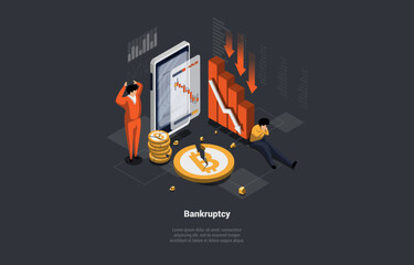 Wall Mural - Concept Of Stock Market Crash, Default, Unemployment, Debts, Bankruptcy, Unpaid Loan and Financial Crisis. People Loss Investments, Money Savings, Loss Job. Isometric Cartoon 3D Vector illustration