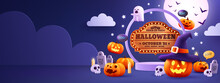 Halloween Promotion Poster Or Banner Template.Halloween Night Seen With Big Moon, Pumpkin Ghost,Wizard Hat,cute Ghost,cartoon Skull And Halloween Elements. Website Spooky Or Banner Template