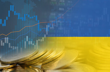 Stock market investment trading financial, coin and Ukraine flag or Forex for analyze profit finance business trend data background.