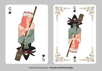 Halloween playing cards. Spades Queen. Beautiful girl crowned with flowers hugging a broom. Witch with a hat decorated with flowers, feathers and a skull, holding on to a broom.