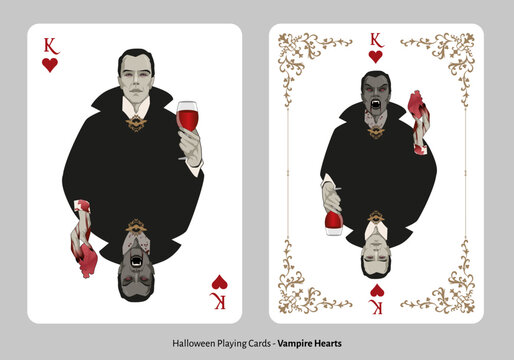 Halloween playing cards. Hearts King. Vampire holding a glass of wine and showing his fangs holding a bloody heart.
