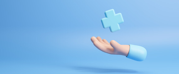 3d hand holding plus icon or medical care symbol. positive thinking mindset or healthcare insurance 