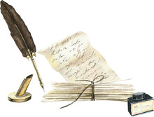 Watercolor Composition With Letters And Envelopes, Pen For Writing, Inkwell.