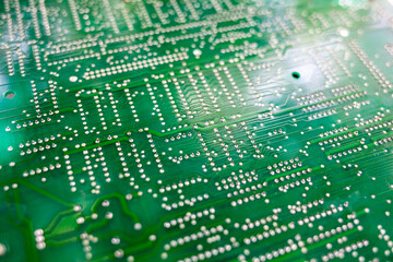 Fototapete - Old computer chips that are out of order. Not working microshops with transistors, chips and conductors. Blue system board with microchips and transistors