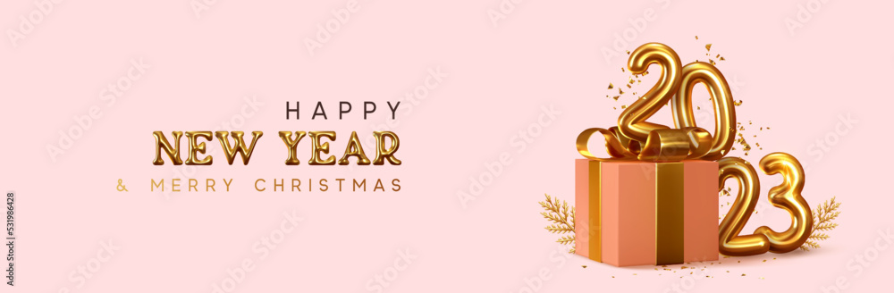 2023 Happy New Year. Realistic gift box Golden metal number. 3d render ...