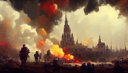 War in battlefield in the City. Digital Art Illustration Painting