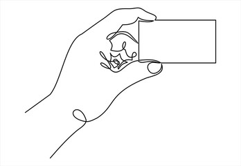 Poster - Man hand holding a blank card illustration- continuous line drawing
