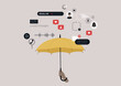 A yellow umbrella shielding a user from irritating pop up notifications, messages, incoming calls, timers, and other distractions