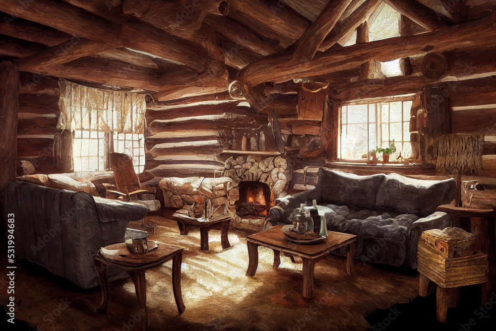 Concept art illustration of chalet log cabin home living room interior ...