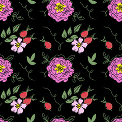 Wall Mural - Dog rose, rosehip, briar, rosa canina, wild rose vector seamless pattern on black background. One continuous line art drawing of flowers and berries, dog rose pattern