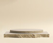© Maciek - beige stone podium, Cosmetic display stand on beige background. 3D rendering realistic