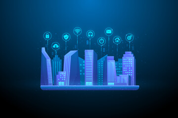 Wall Mural - smart city internet network system on phone. internet of things with icon technology. buildings skyscraper digital on tablet. real estate innovation investment modern. vector illustration digital.