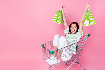 Poster - Full length photo of astonished lady stylish outfit sit trolley rejoice profitable purchases empty space isolated on pink color background