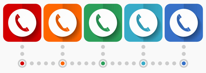 Leinwandbilder - Phone, call, contact vector icons, infographic template, set of flat design telephone symbols in 6 color options
