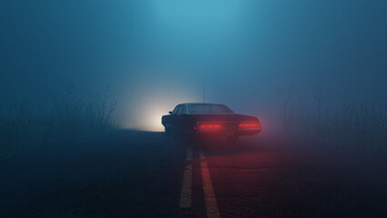 car parked in middle of road in foggy moody forest during blue hour