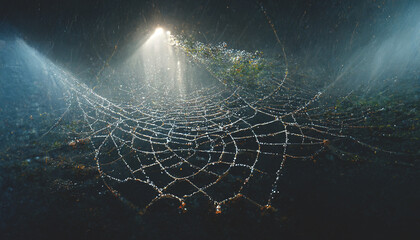 Spider web with water drops, sunset light. Gloomy natural background with a spider and cobwebs. 3D illustration.