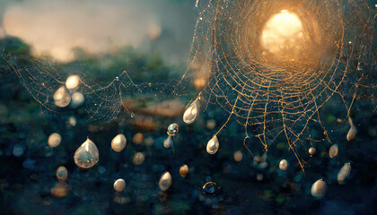 Spider web with water drops, sunset light. Gloomy natural background with a spider and cobwebs. 3D illustration.