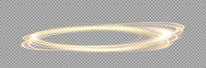 Wall Mural - fire light circle trail of sparkling gold glitter, vector glow flare swirl on transparent background
