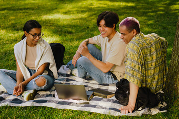 Wall Mural - Three friedns sitting on a mat on grass watching laptop