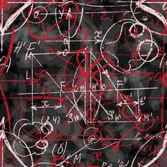 Wall Mural - Math and Geometry seamless pattern with handwriting and drawing of various graph solutions. Geometry and mathematics subjects graphics. College lectures. Vector.