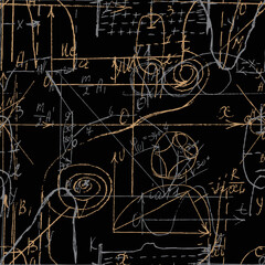 Wall Mural - Seamless pattern of Math and Geometry, endless handwriting and drawing of various graph solutions on chalk boards. Mathematics subjects graphics. College lectures. Vector.
