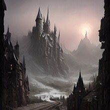 Fantasy Castle On Another Planet , Drammatic Lighting, Illustration