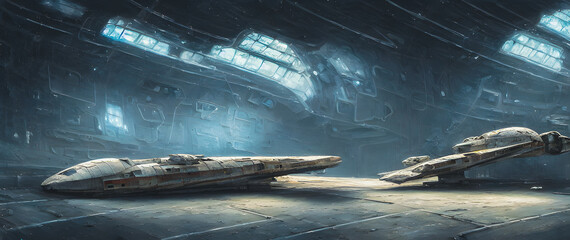 Poster - Artistic concept painting of a beautiful sci-fi spaceship in hangar. Tender and dreamy design, background illustration.