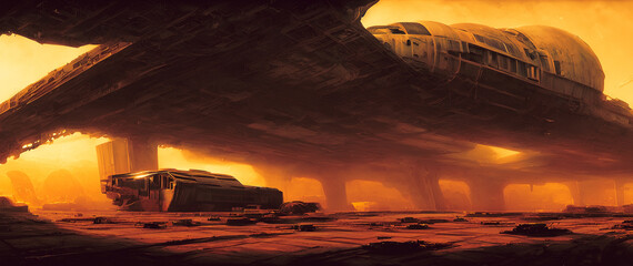 Wall Mural - Artistic concept painting of a beautiful sci-fi spaceship in hangar. Tender and dreamy design, background illustration.