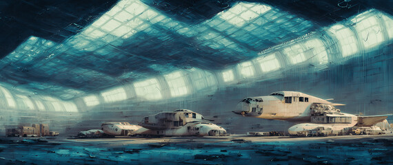 Wall Mural - Artistic concept painting of a beautiful sci-fi spaceship in hangar. Tender and dreamy design, background illustration.