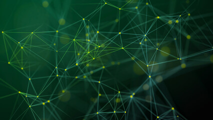 Wall Mural - Visualization of big data. The concept of network connectivity . Abstract green background with lines and dots of different colors. 3D rendering.