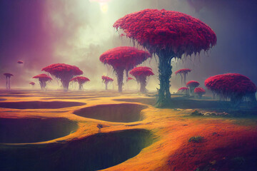 alien planet landscape with strange trees, digital art