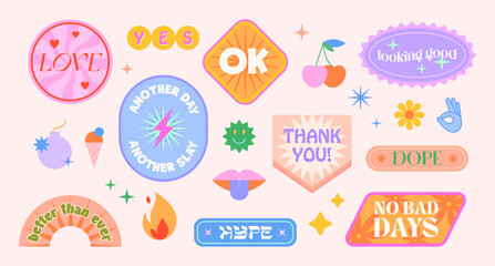 Wall Mural - vector set of cute funny patches and stickers in 90s style.modern icons or symbols in y2k aesthetic 