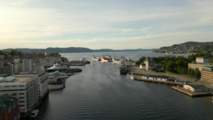 Wall Mural - Drone aerial flying out of Port Bergen Norway