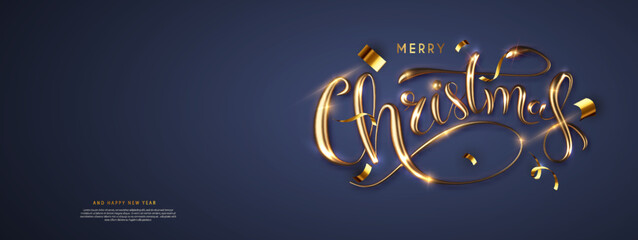 Wall Mural - Merry Christmas banner template on dark background. Xmas greeting card concept.