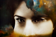 Elegant Woman Eye With Watercolor On Vintage Black And White Photo. Arty Effect