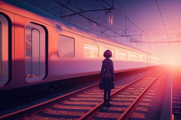 Canvas Print - 3D illustration of an anime girl standing near the train. Railway. 3d-render