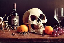 Asbstract Still Life With Vintage Skull On Antique Table With Candle, Fruit, Wine And Spiders. 3D Render