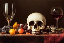 Asbstract Still Life With Vintage Skull On Antique Table With Candle, Fruit, Wine And Spiders. 3D Render