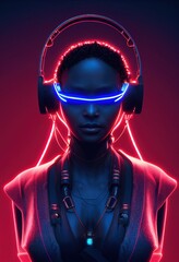 Wall Mural - A fictional portrait of a ebony girl wearing a cyberpunk headset and cyberpunk gear. High-tech futuristic man from the future. The concept of virtual reality and cyberpunk. 3D render