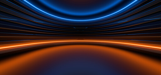 Wall Mural - Sci Fy neon lamps in a dark corridor. Reflections on the floor and walls. 3d rendering image.