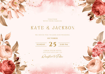Floral background wedding invitation with roses and leaves decoration