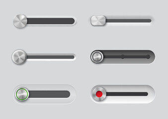 Poster - UI slider bar buttons, control, web interface volume slide toggles, realistic vector. Slider buttons for switch off, website or app menu bars and settings switcher controls in music player UI