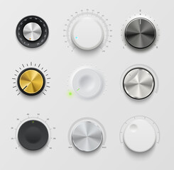 Aufkleber - Music and sound volume knob button. 3d vector round metallic tuners, audio stereo sound system element for mobile application, website ui graphic. Min or max level audio player app knob button