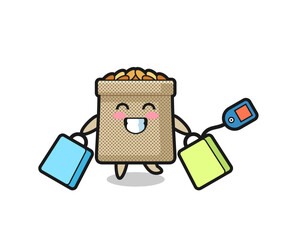 Wall Mural - wheat sack mascot cartoon holding a shopping bag