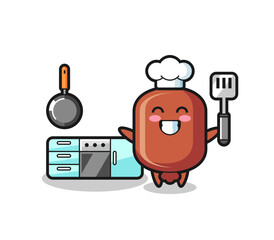 Sticker - sausage character illustration as a chef is cooking