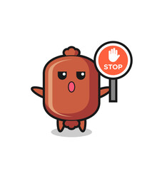 Wall Mural - sausage character illustration holding a stop sign